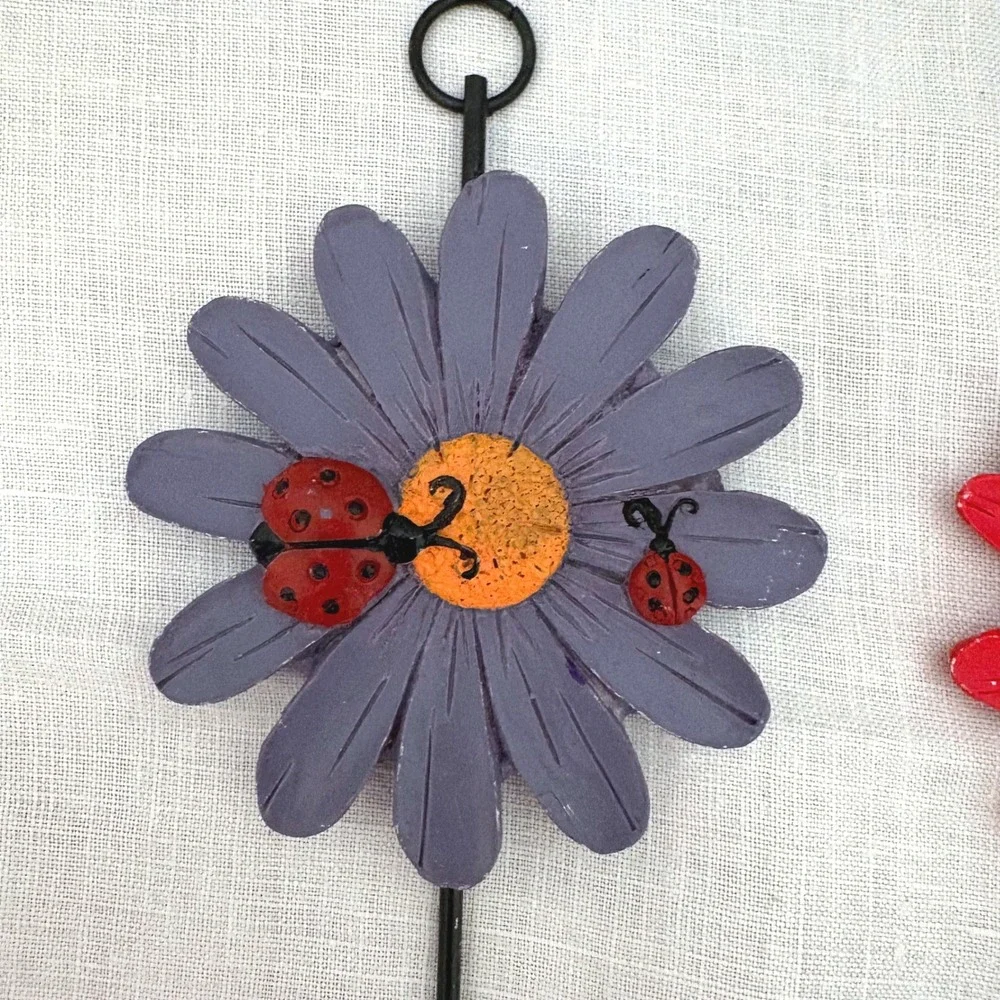 Set of 2 Daisy Flower Ladybug Wall Hooks Red Purple Metal Garden Decor Hooks